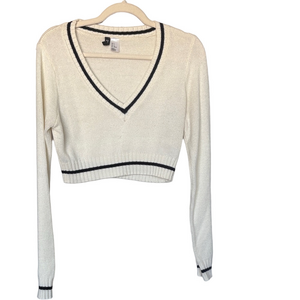 Divided by H&M Cream Cropped V Neck Preppy Sweater Size Small